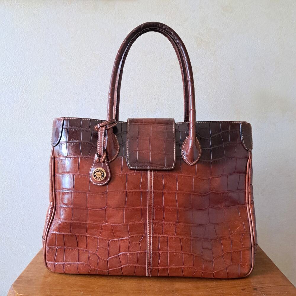 DOONEY & BOURKE Vintage Cognac Croc Embossed Tote Bag Satchel Donegal Crest Y2K